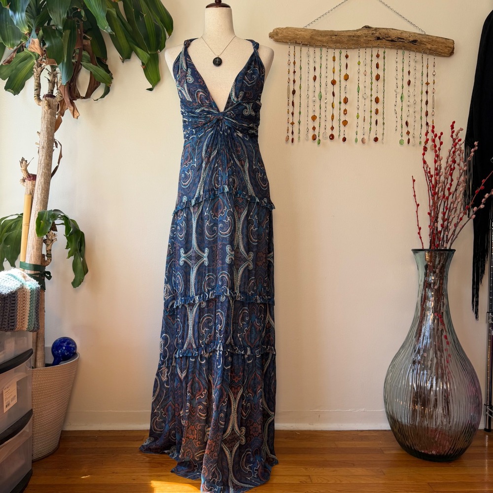 Intermix Silk Paisley Tiered Maxi Dress Blue Brown Boho Braided Resort Vacation